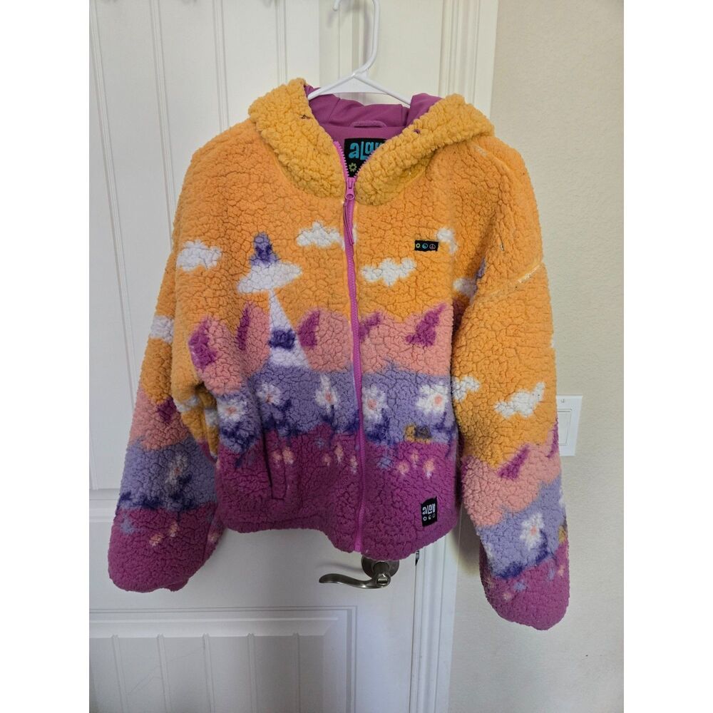 ALAB Women’s Large Sherpa Fleece Jacket Mushroom Floral Hooded Full Zip Y2K